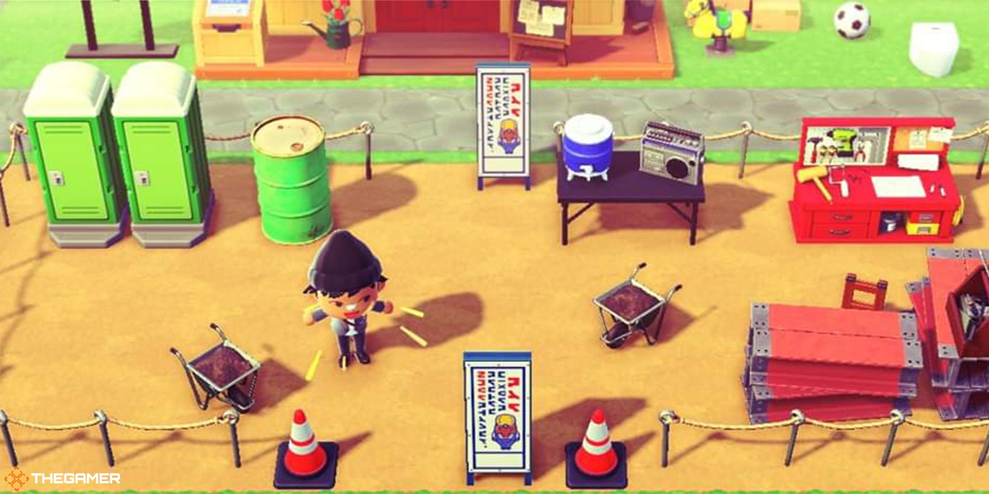 A dirt constrution zone near the Nookling's store at an island entrance in Animal Crossing: New Horizons.