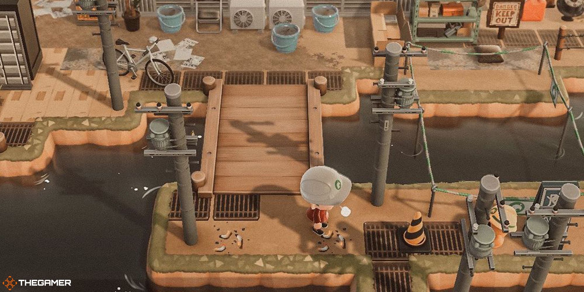 A sepia-toned construction area over a river at an ACNH island entrance in Animal Crossing: New Horizons.