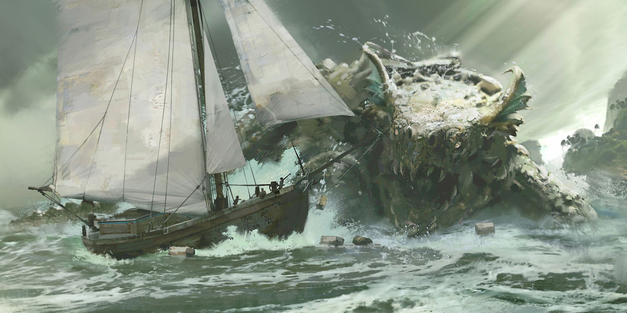 art from tomb of annihilation by jedd chevrier wizards of the coast ship sailing towards a large sea creature breaching from the water