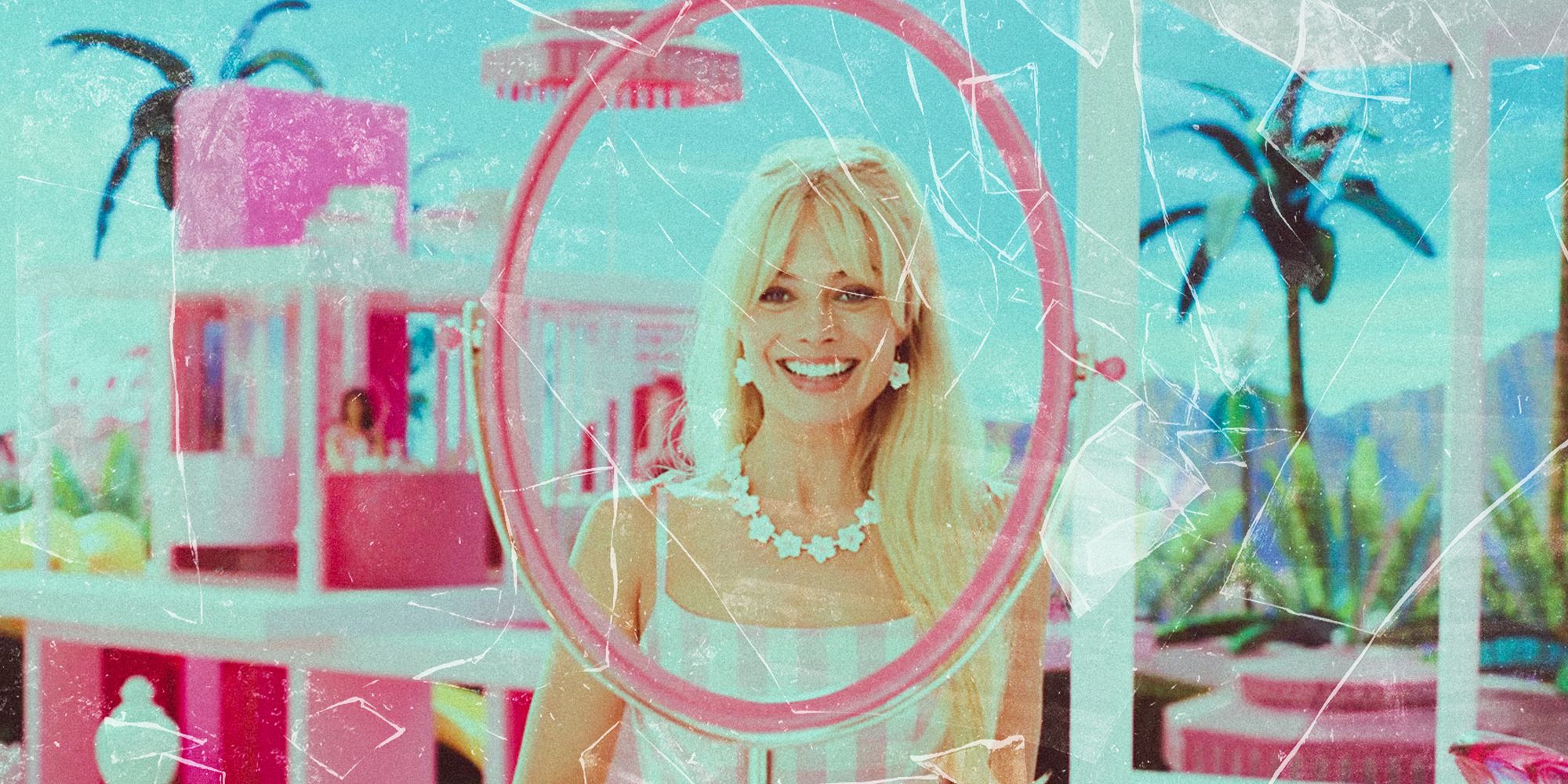 Margot Robbie in the Barbie movie (2023) looking through an empty mirror with a shattered glass effect on the entire image