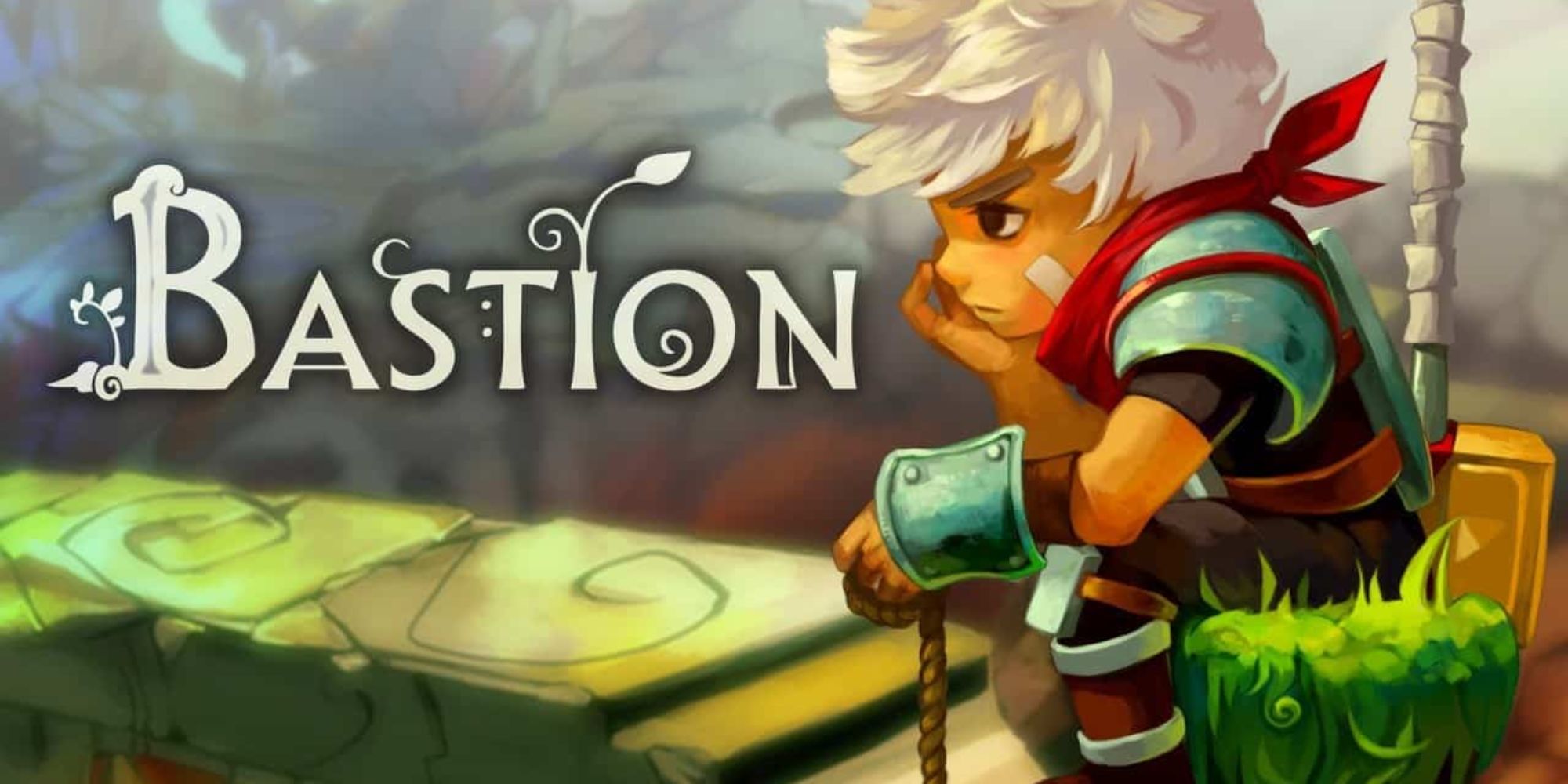 A white-haired boy sitting sideways lost in his thoughts while holding a jute rope in his left hand