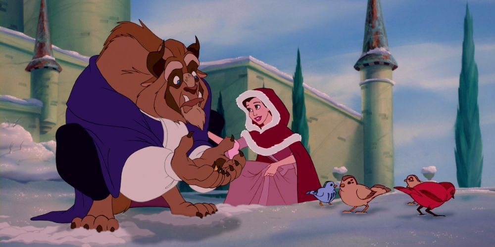 Belle playing with Beast in the snow