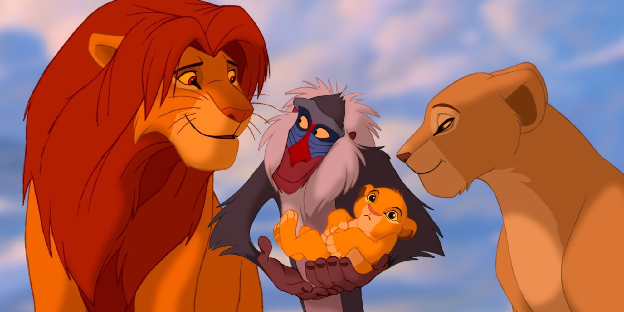 scene from the lion king with Mufasa, Rafiki, baby Simba, and Sarabi