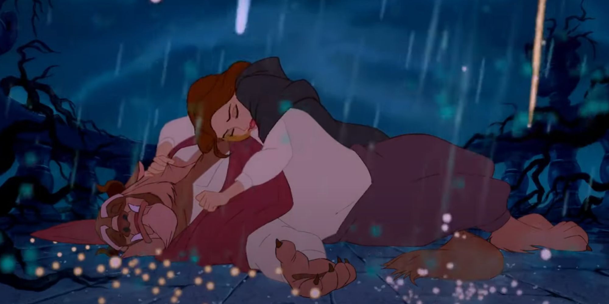 Belle crying over a fallen Beast in Beauty in the Beast