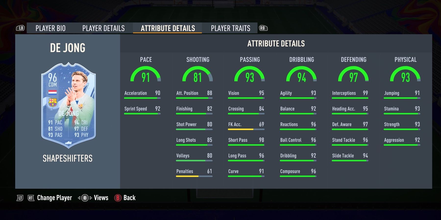 Shapeshifters De Jong's stats in FIFA 23.