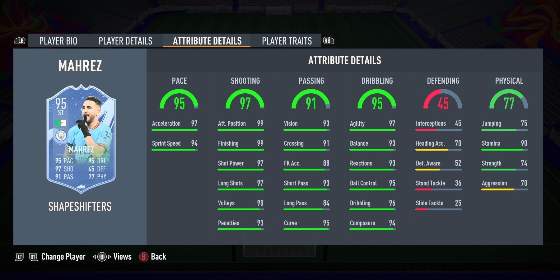 Shapeshifters Mahrez's stats in FIFA 23.