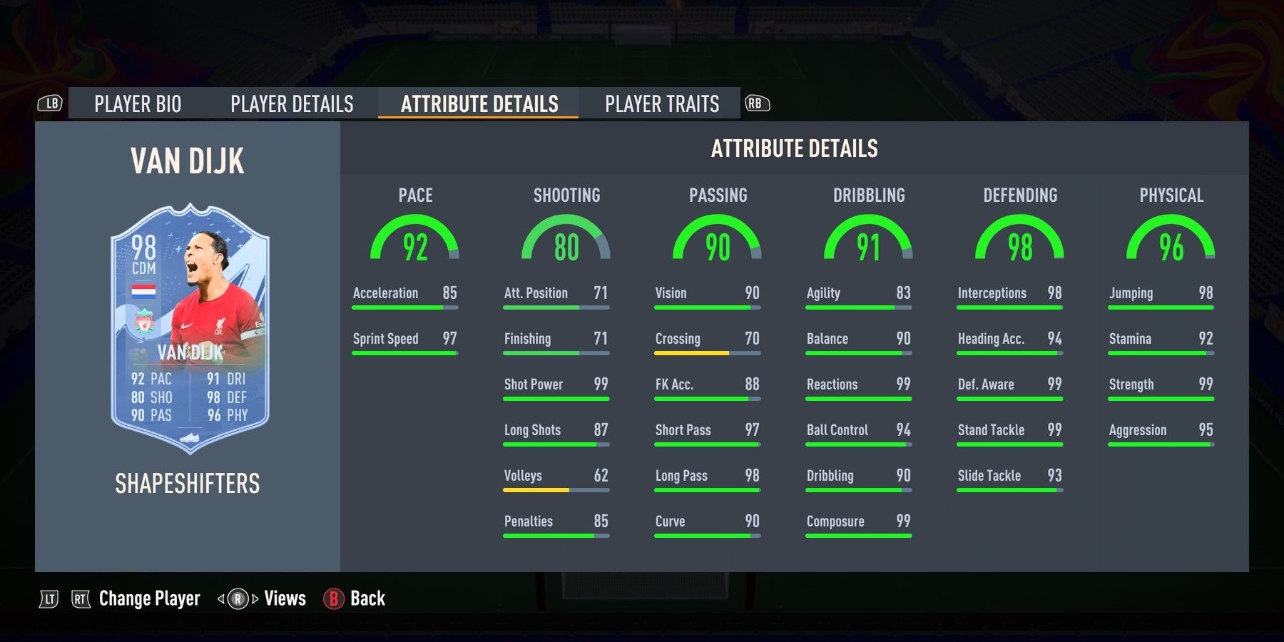 Shapeshifters Van Dijk's stats in FIFA 23.