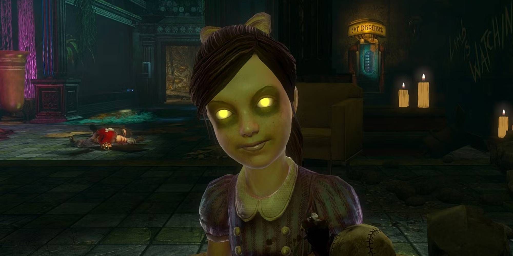 A young girl with yellow glowing eyes smiling to the camera