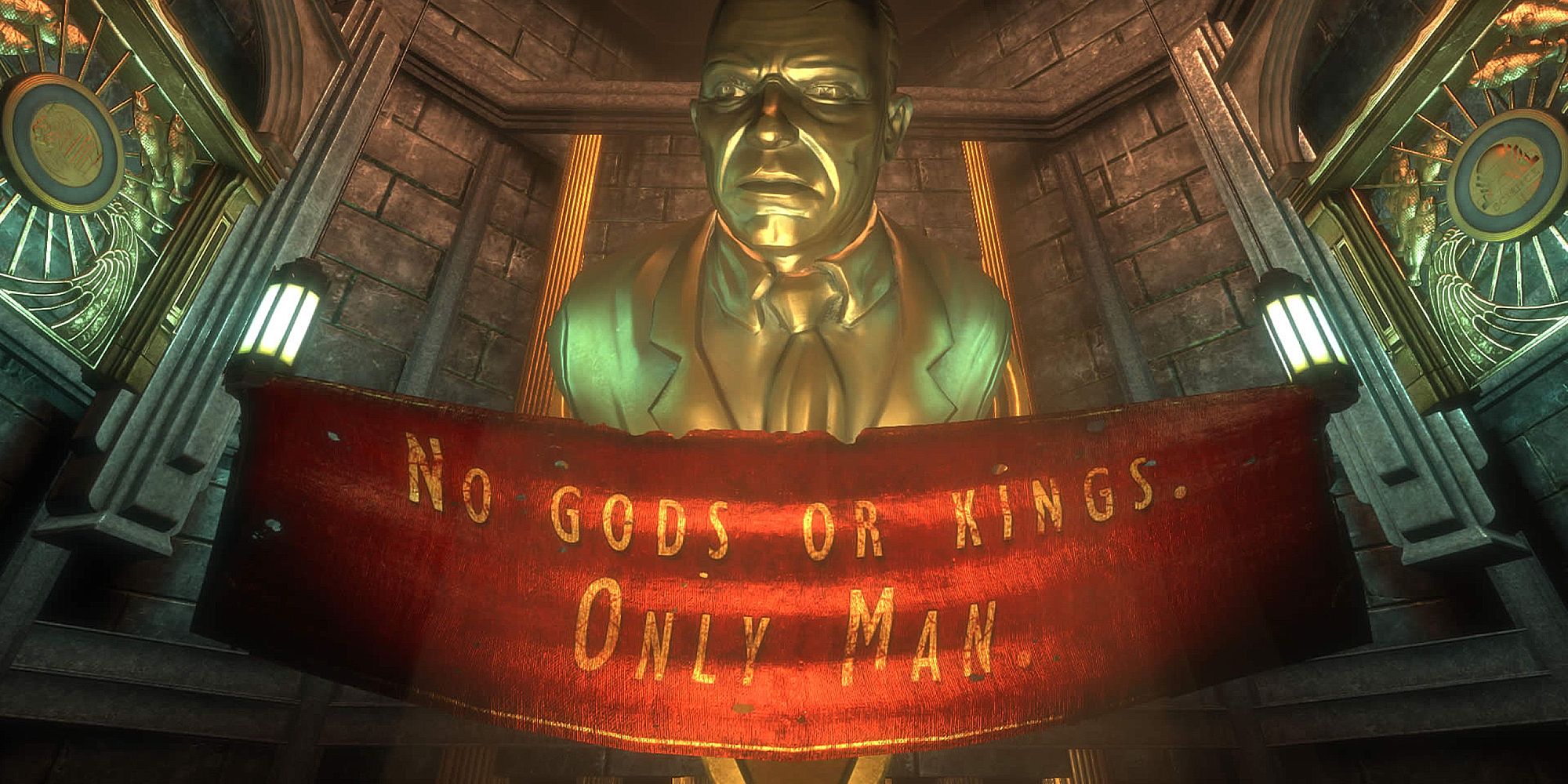 A gold statue of a man with a banner that reads: "No Gods Or Kings. Only Man."