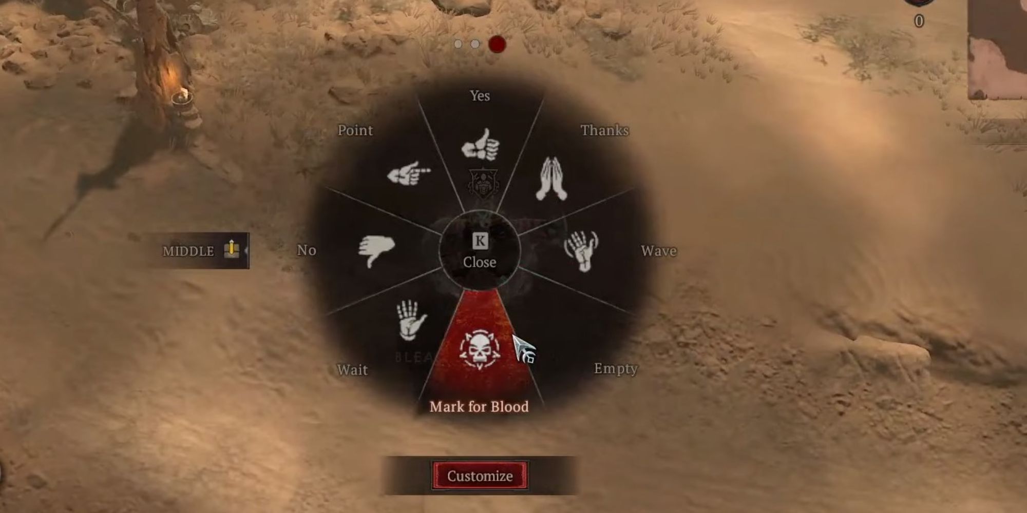 The interaction wheel showing Blood Mark option