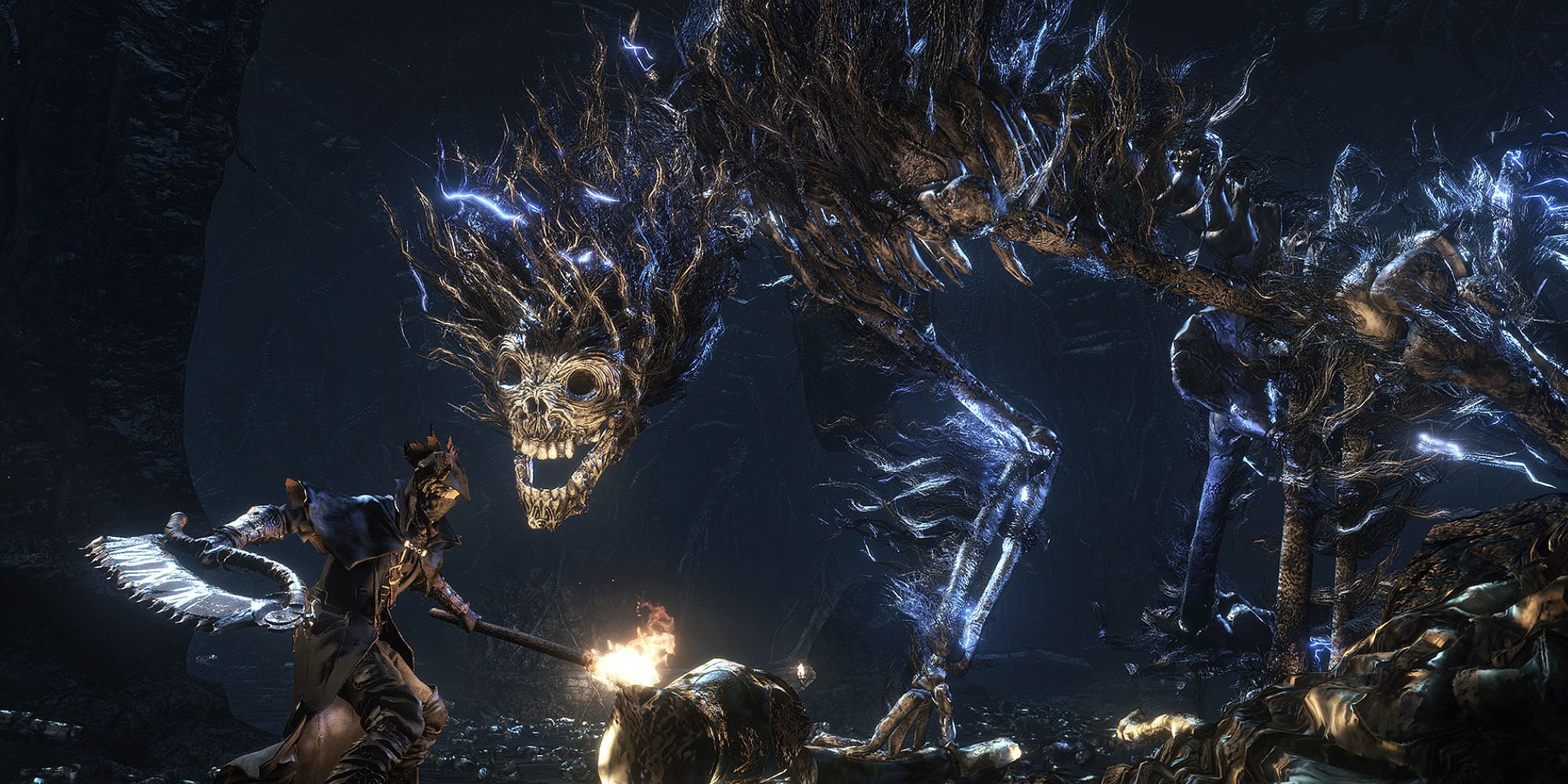 A figure holding a torch and weapon facing a skeletal monster