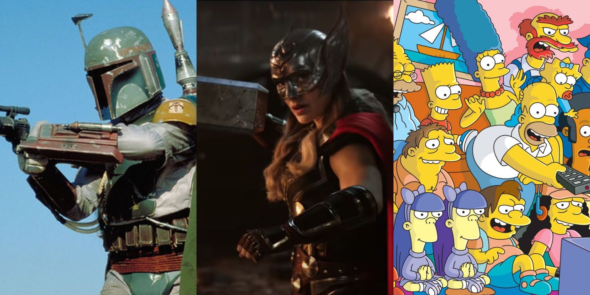 Boba Fett from Star Wars Return of the Jedi, Mighty Thor from the MCU, and the cast of the Simpsons
