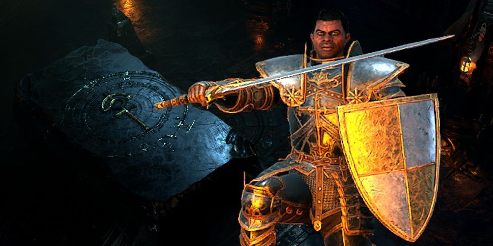 Carthas kneeling with sword and shield at the ready