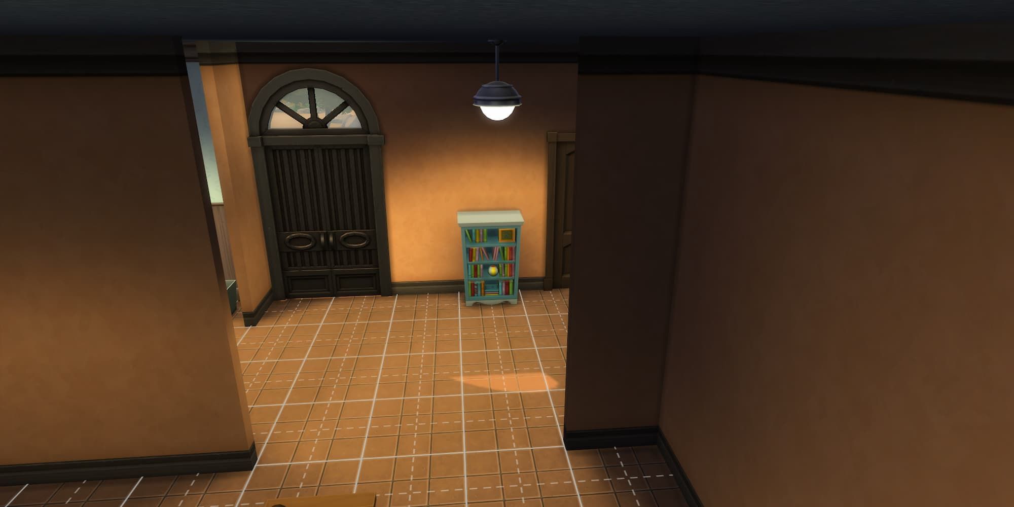 The house's entryway shows a door and a bookshelf, with a black-patterned ceiling in the free July update for The Sims 4.