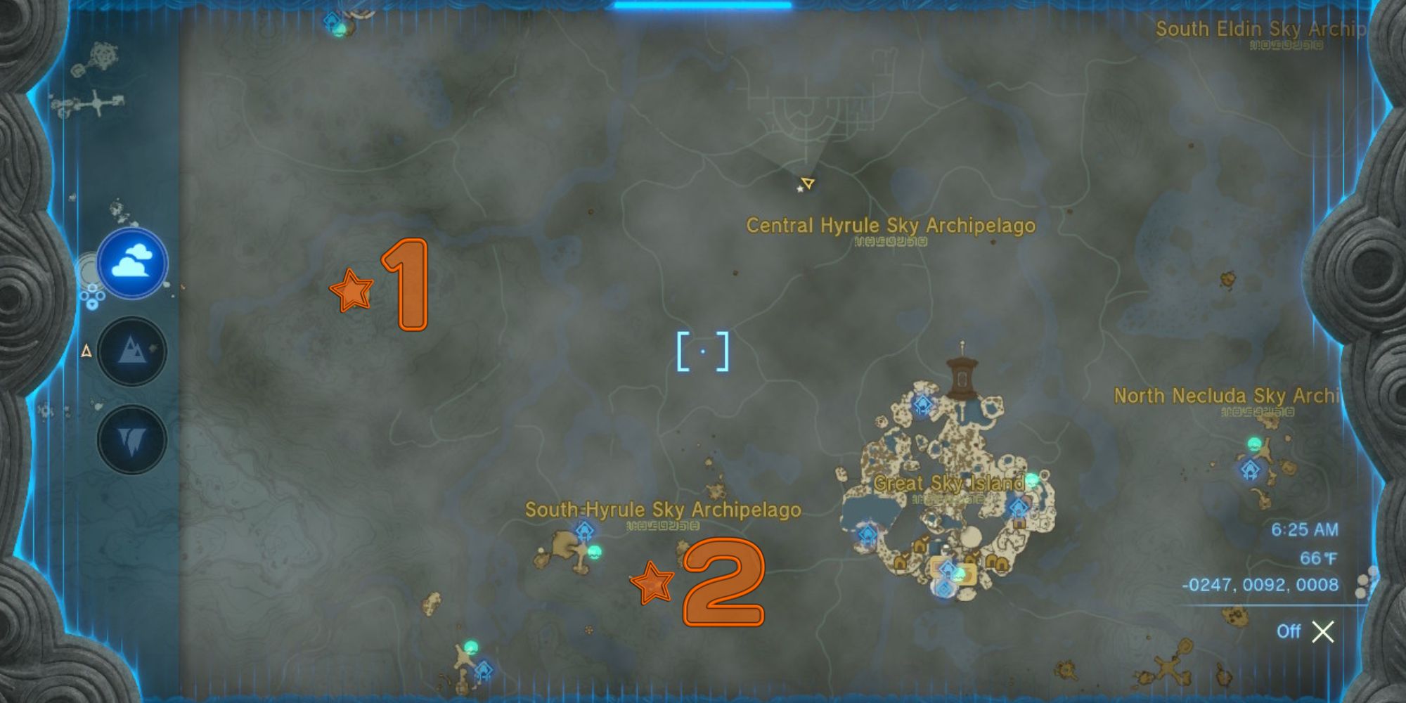 Map showing locations of Sage's Wills in Central Hyrule Sky in Tears of the Kingdom.