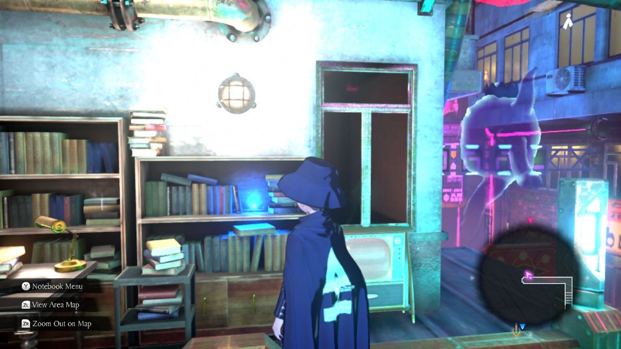 Yuma approaches an Emerald Memory Shard at the bookstore in Rain Code