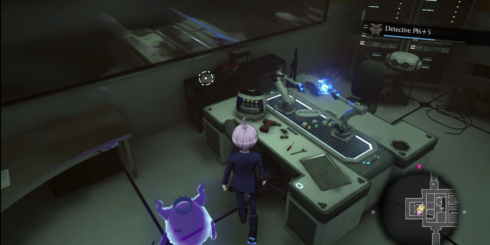 Yuma standing beside a laboratory table near a Copper Memory Shard in Rain Code