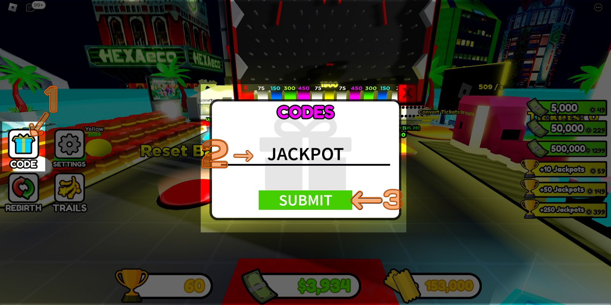 A step-by-step diagram of the Codes menu in the Roblox game, Jackpot Tycoon.