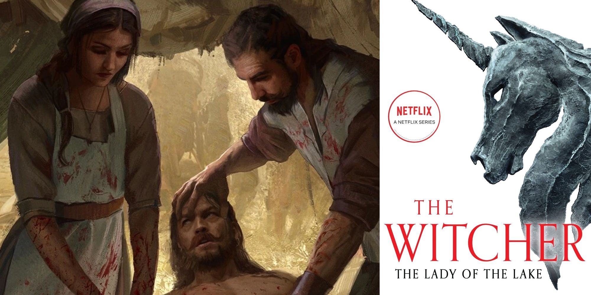 The Witcher - Medic gwent card art and lady of the lake book cover