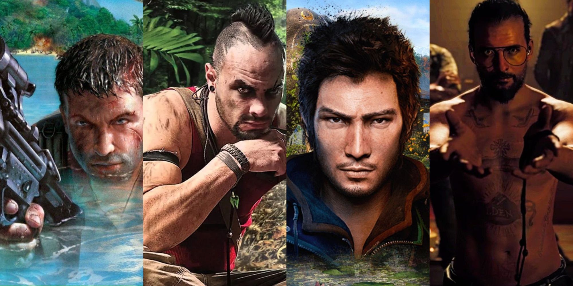 A four-image collage of the main protagonist from Far Cry 1's cover art rising out of the water, a close-up of Vaas from Far Cry 3 resting his chin on his hand, the protagonist Ajay from Far Cry 4, and villain Joseph Seed holding out his hands to be cuffed at the start of Far Cry 5.
