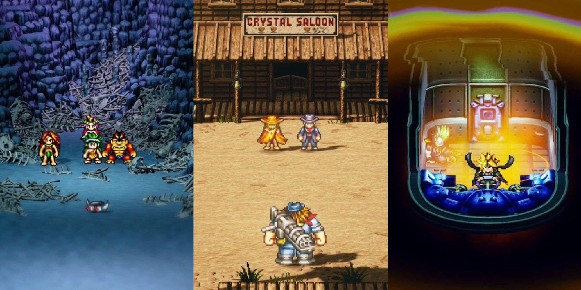 A three-image collage of various characters across different periods in Live a Live, like standing outside a Wild West saloon, and piloting a futuristic spaceship.