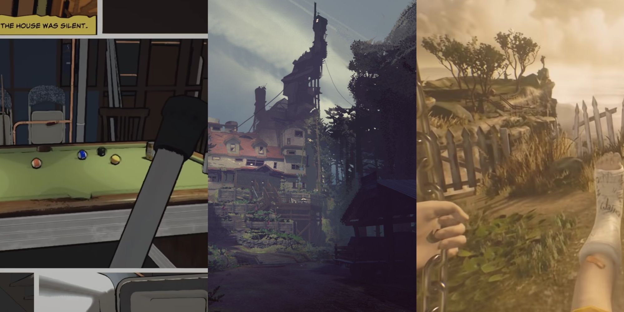 A three-image collage of the comic book setting of Barbra's story, the exterior view of the Finch house, and Calvin swinging by a cliff.