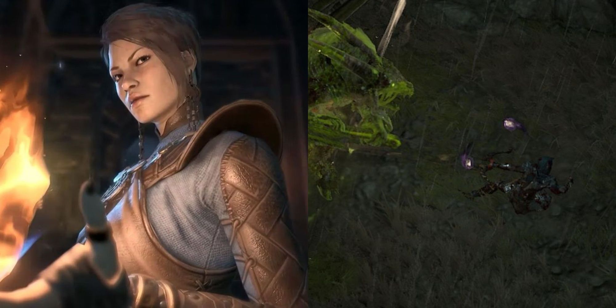 Diablo 4: a fire sorceress and a bow wielding Rogue