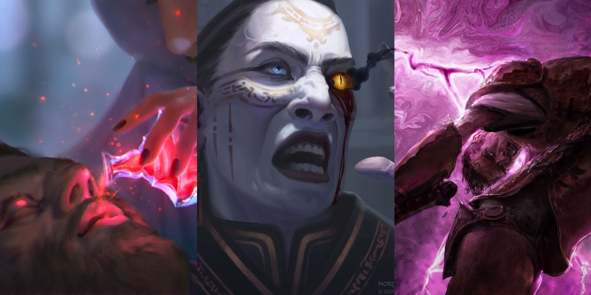 split image showing someone drinking a healing potion, a character with a bleeding and smoking eye, and a character attacked by purple lightning