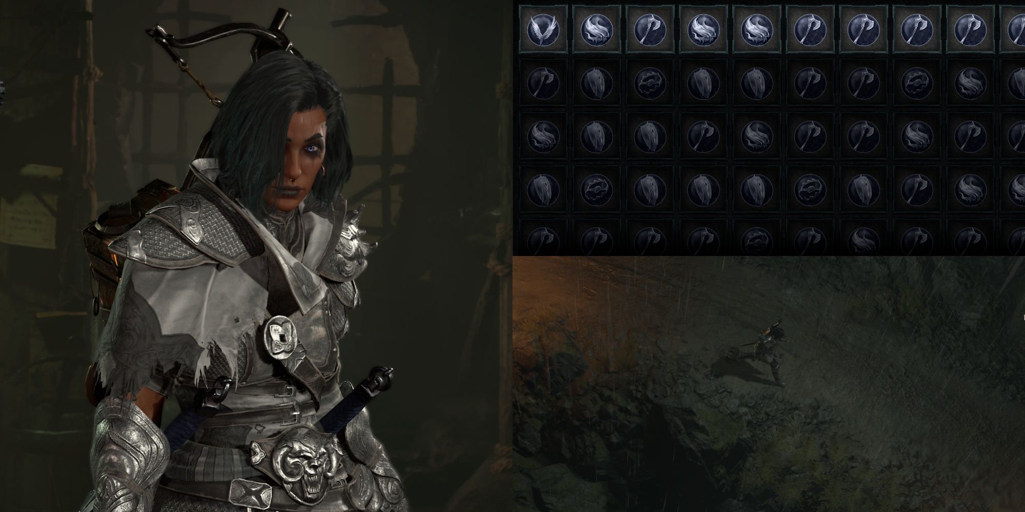 Collage Image of Diablo 4 showing a Rogue, the Aspects menu, and the same rogue running.