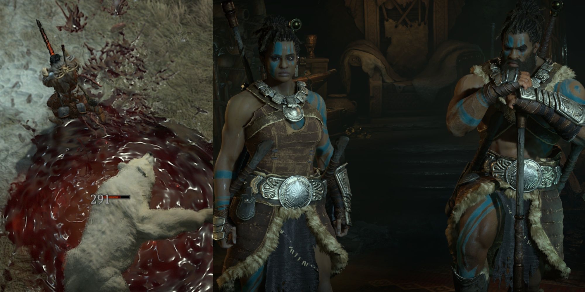 Diablo 4: A collage of two Barbarians, and a bloodied white bear