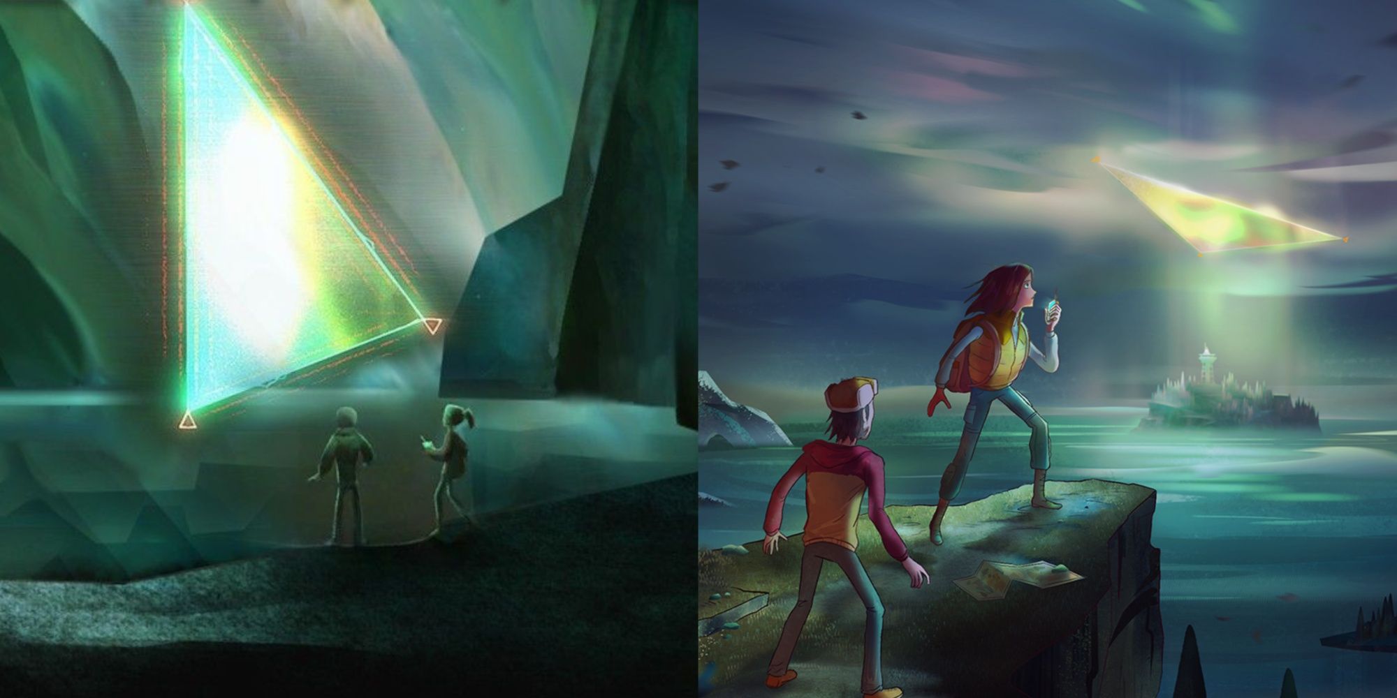A split image of Alex and Jonas looking at an anomaly on the cover art of Oxenfree, and Jacob and Riley looking over the anomaly on Edwards Island from a cliff on the Oxenfree 2 artwork.