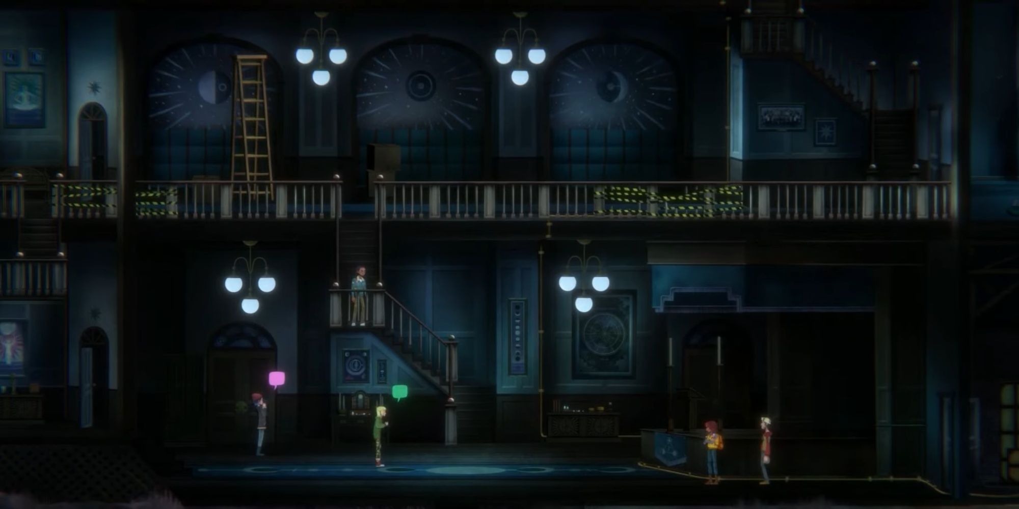 Olivia confronting Riley and Jacob in the interior of the Community Center building, with Violet and Charlie also present.