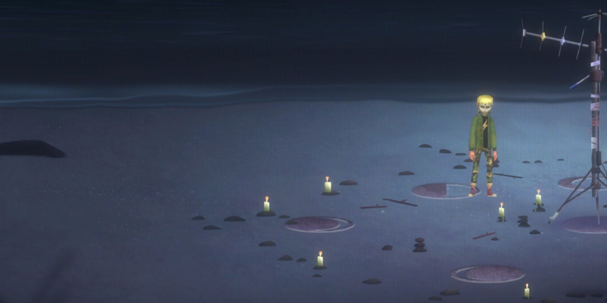 Olivia in a Parentage cult mask surrounded by candles on the beach and an antenna. 