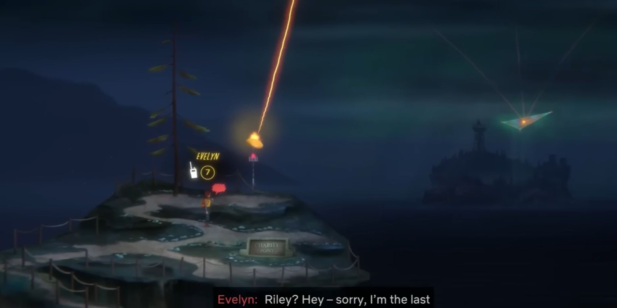 Riley contacting Evelyn via walkie-talkie as the Transmitter is launching its beam of light to the anomaly over Edwards Island.