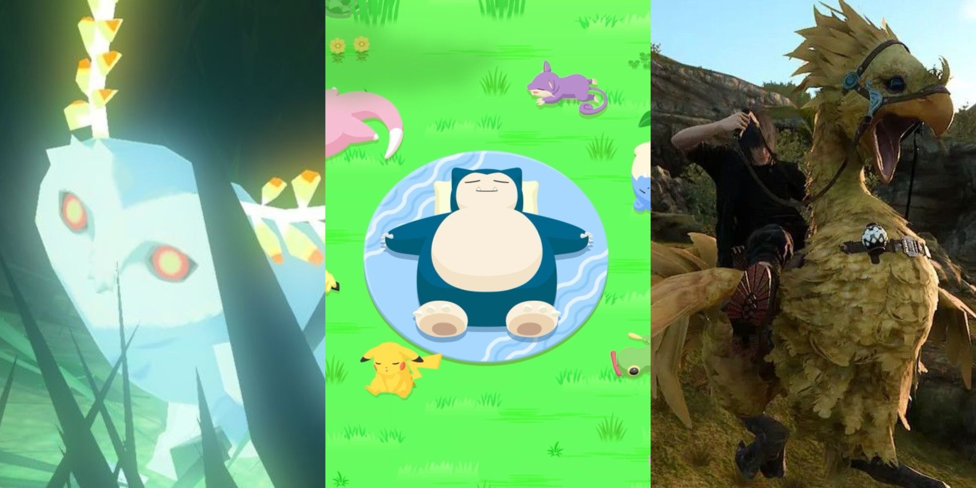 Split image of a blupee, snorlax, and a chocobo 