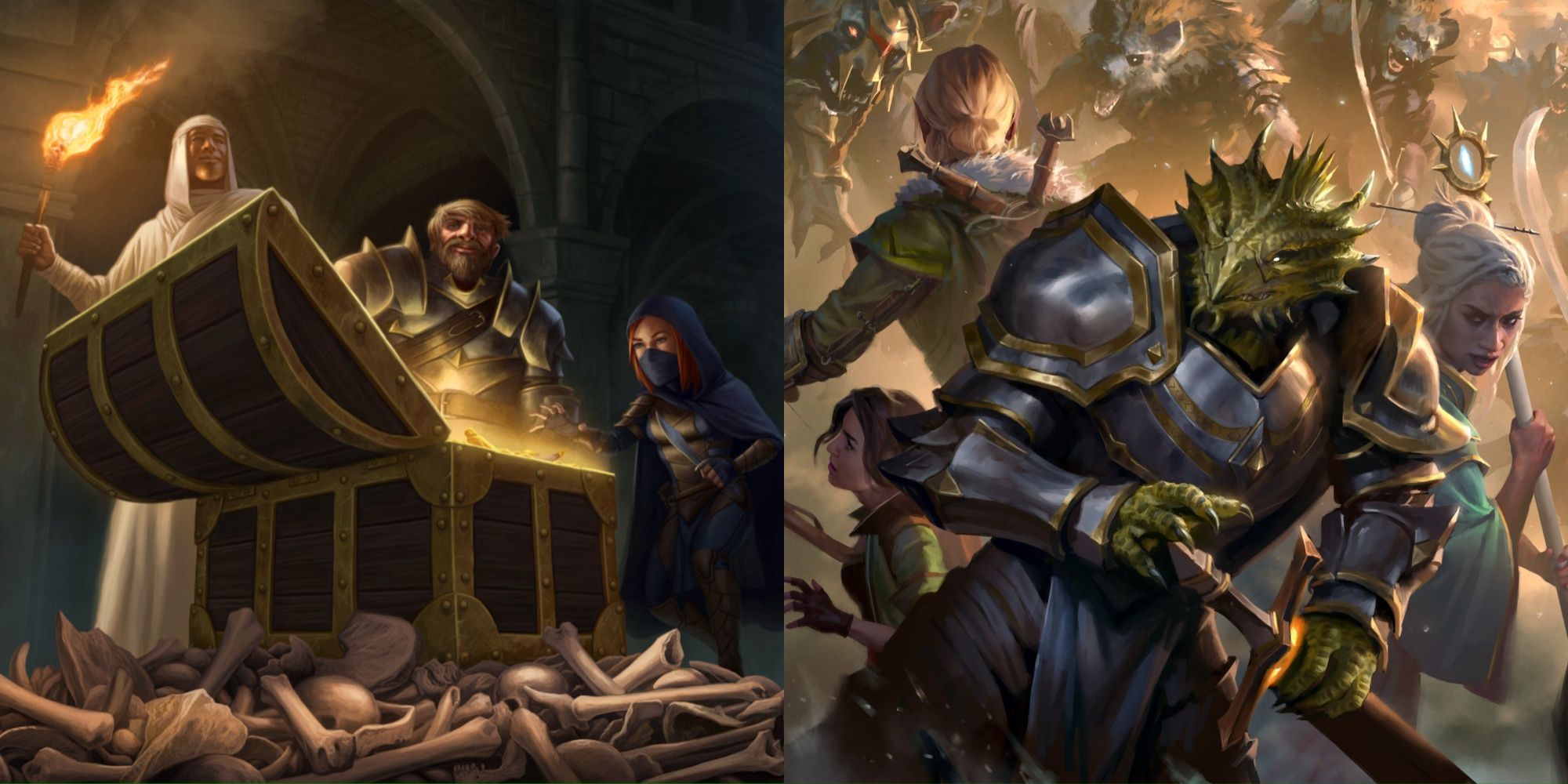 split image showing three adventurers opening a treasure chest, and a group of adventurers surrounded by gnolls