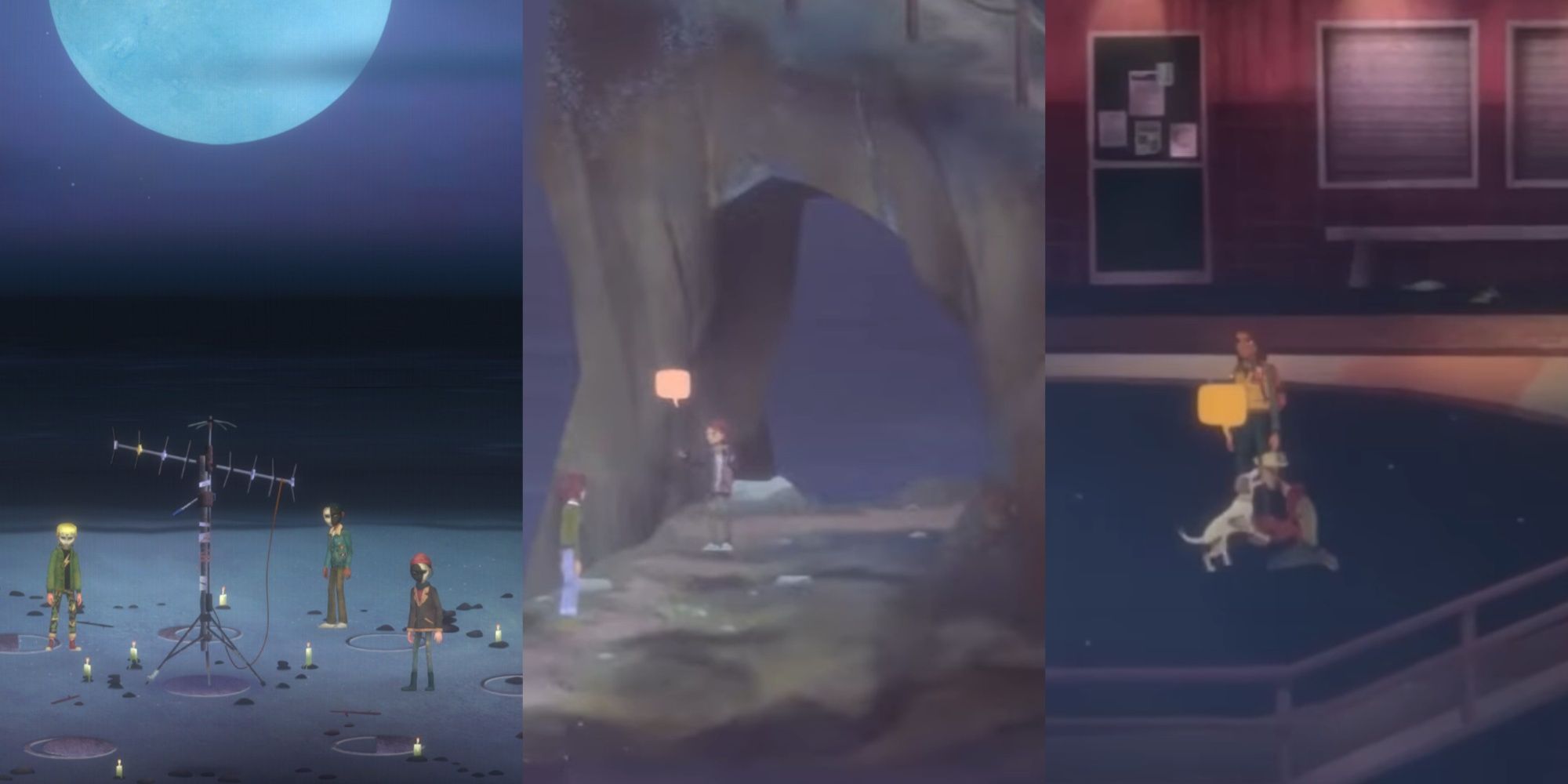 A three-image collage of Olivia, Violet, and Charlie performing a ritual in masks on a beach, an older Riley speaking to her son Rex, and Jacob getting kisses from his dog Athena in front of Riley in Oxenfree 2.