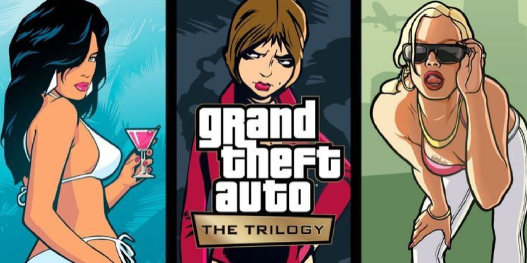 The cover art for GTA Vice City, GTA 3, and GTA: San Andreas all featuring the titular female characters divided up in the trilogy bundle edition.