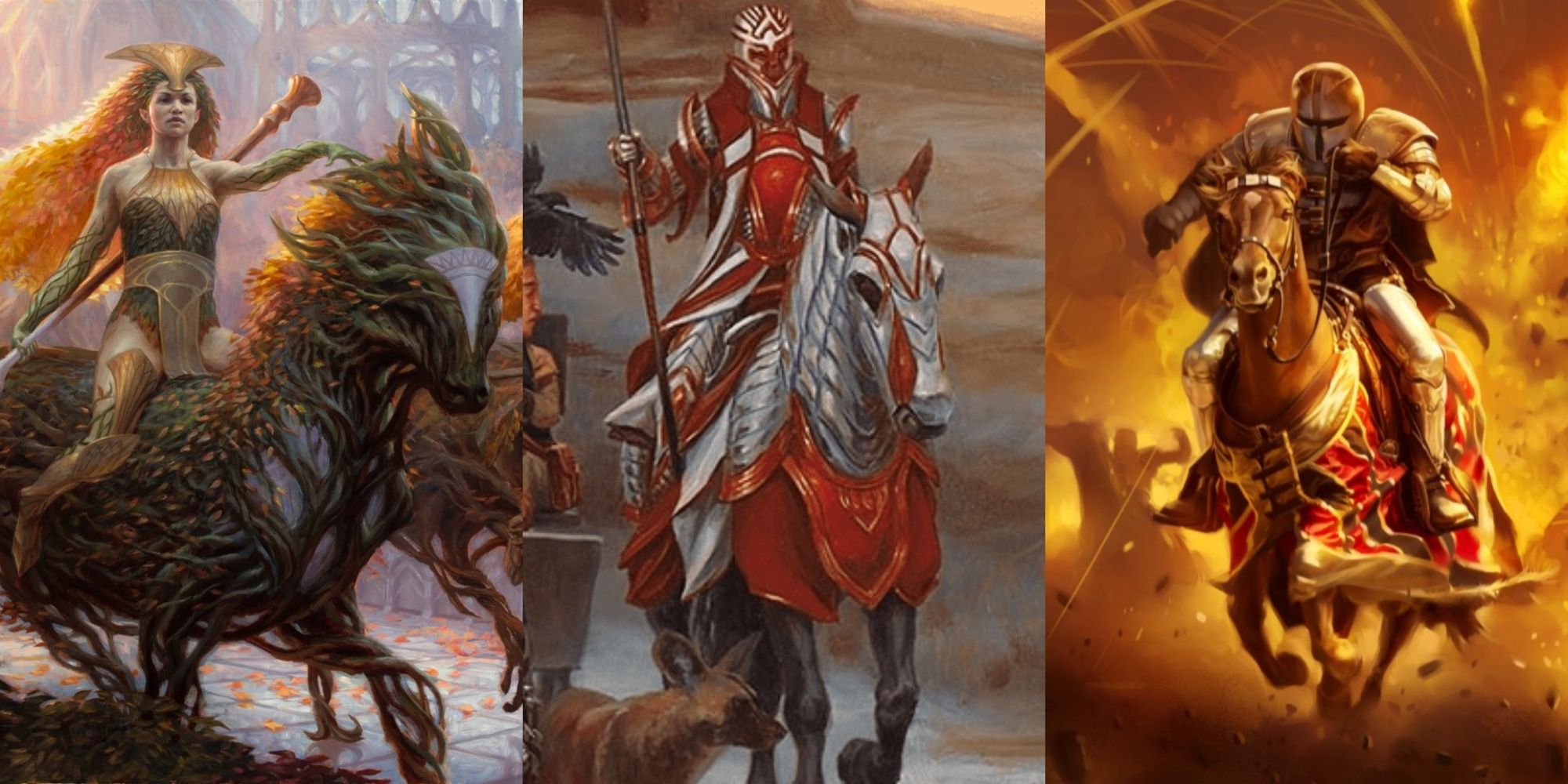 split image showing a woman riding a horse made from vines, a knight riding an armored horse, and a knight riding a horse escaping an explosion