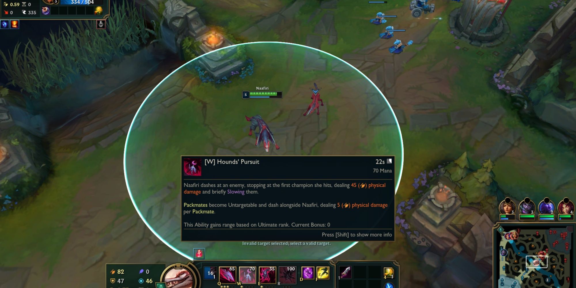 Showing Naafiri's W with its range in League Of Legends.