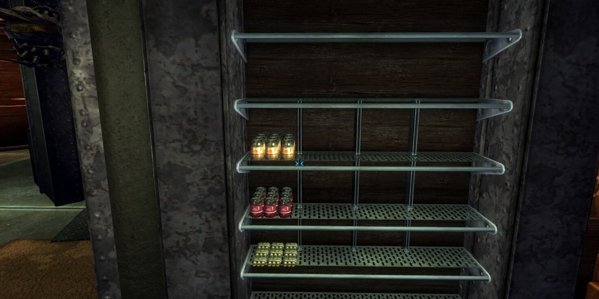 A metal shelving unit partially stocked with energy weapon ammo.