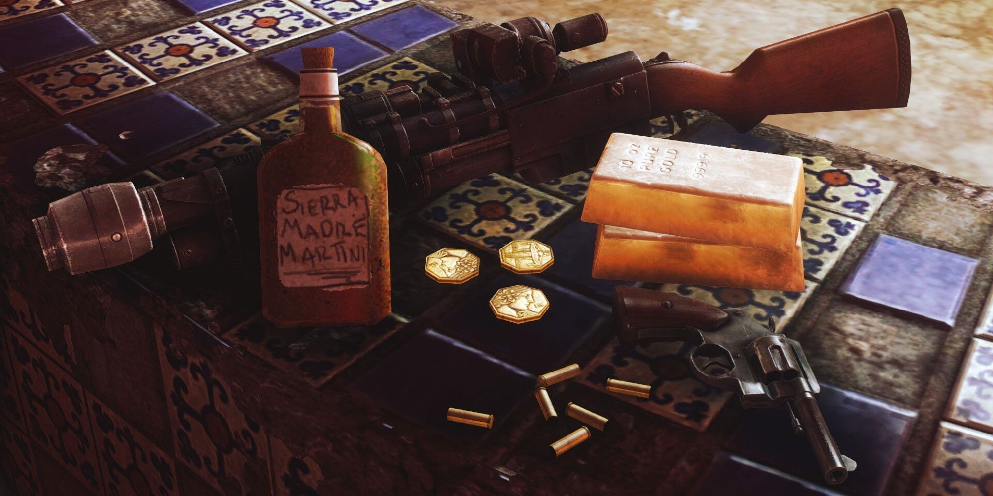 Some golden Sierra Madre Chips surrounded by guns, gold bars, and some alcohol.