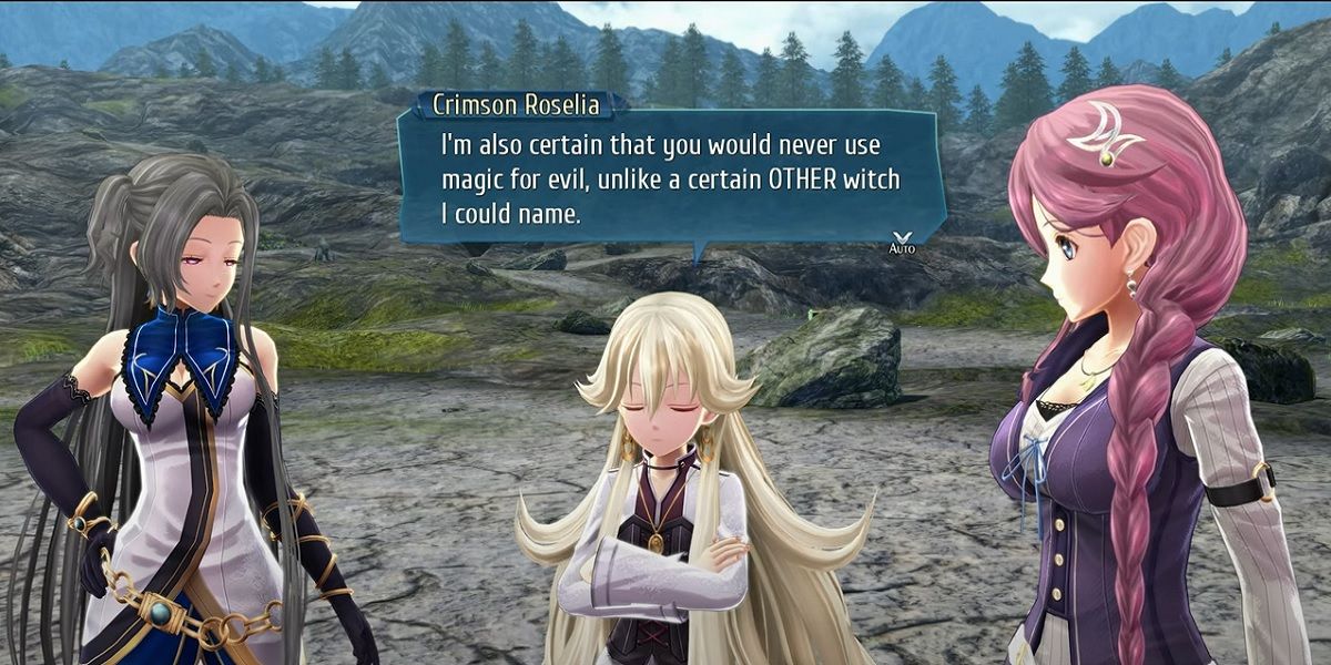 Crimson Roselia scolds her allies along a valley in Trails into Reverie