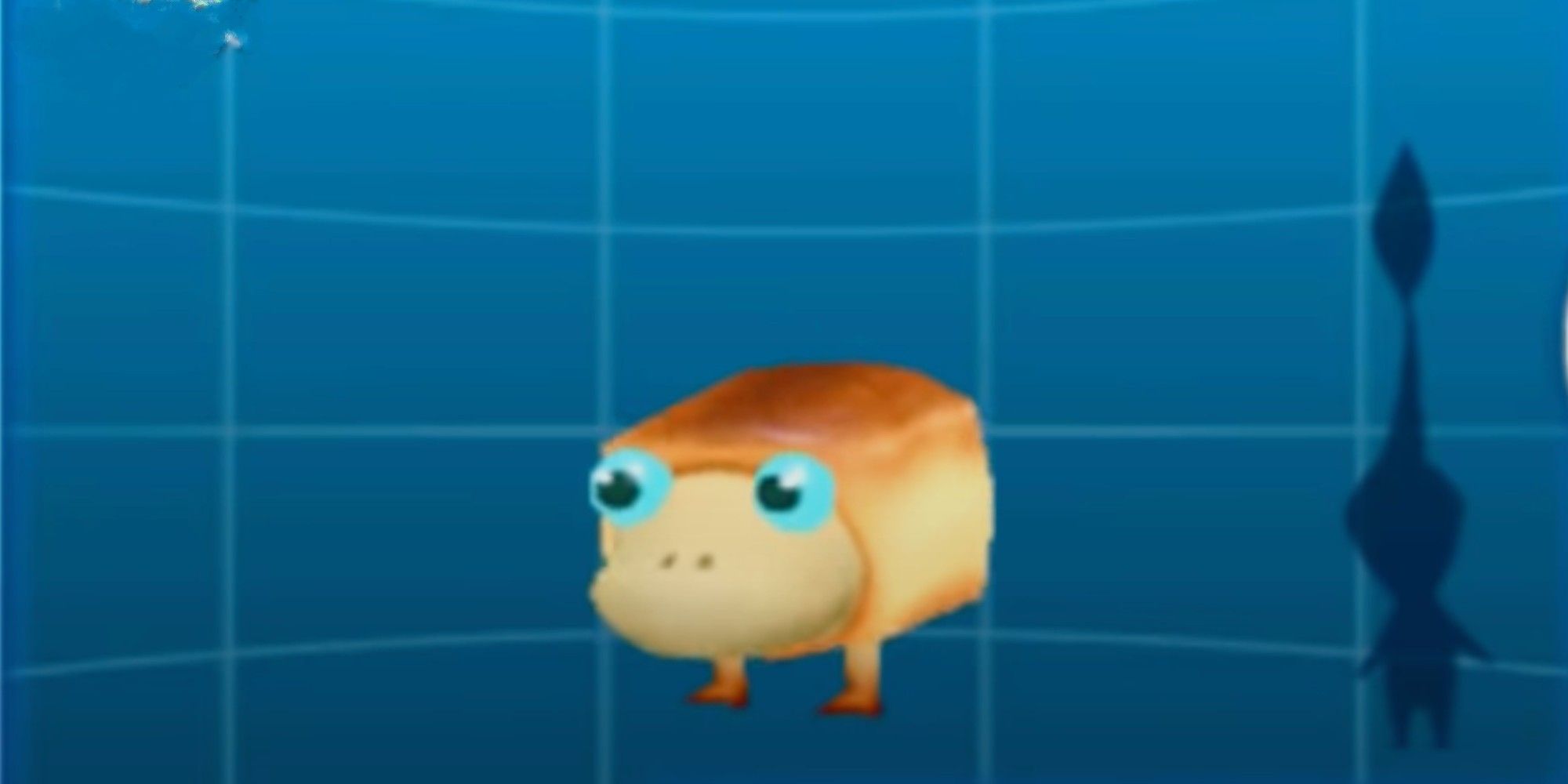 Crumbugs is standing against a blue screen with a pikmin shadow behind it