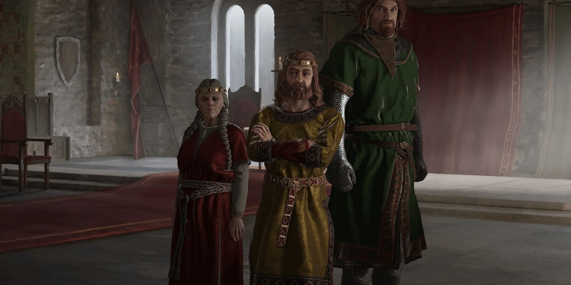 A king, queen, and a rather tall prince stand in their throne room in Crusader Kings 3.