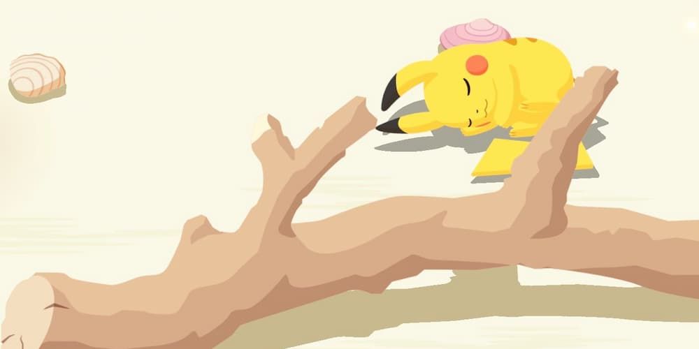Pikachu is on the beach in the Curled-Up Sleep style in Pokemon Sleep.