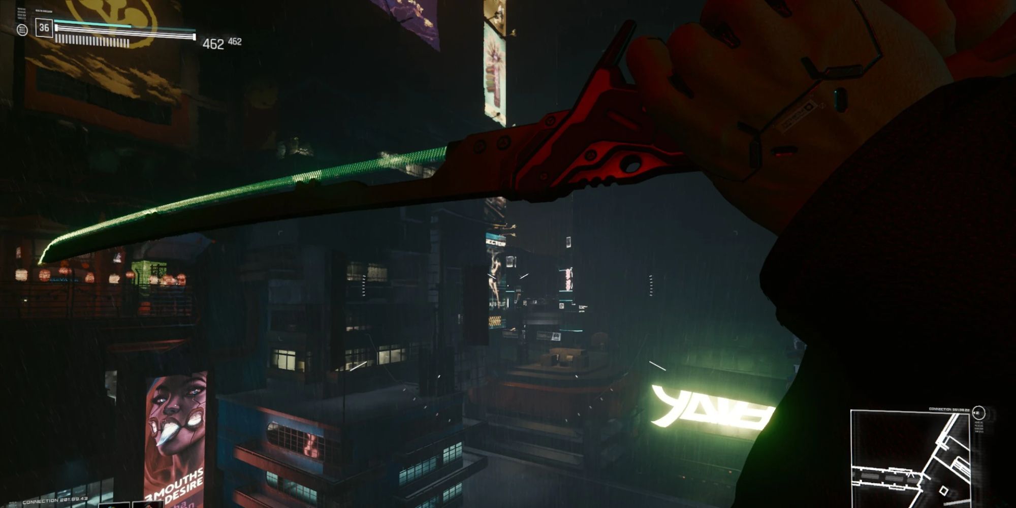 An image from Cyberpunk 2077 of the Fancy Knives And Katanas Mod, which adds multiple blades with neon tips that glow at night time.