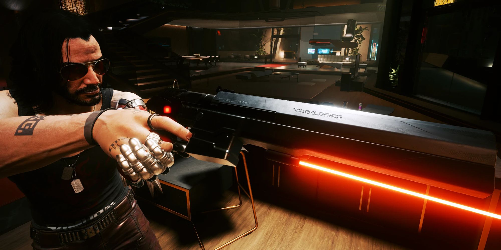 An image from Cyberpunk 2077 of the Malorian Arms 3516 Skin Pack Mod, which offers five different metallic skins for the pistol. 
