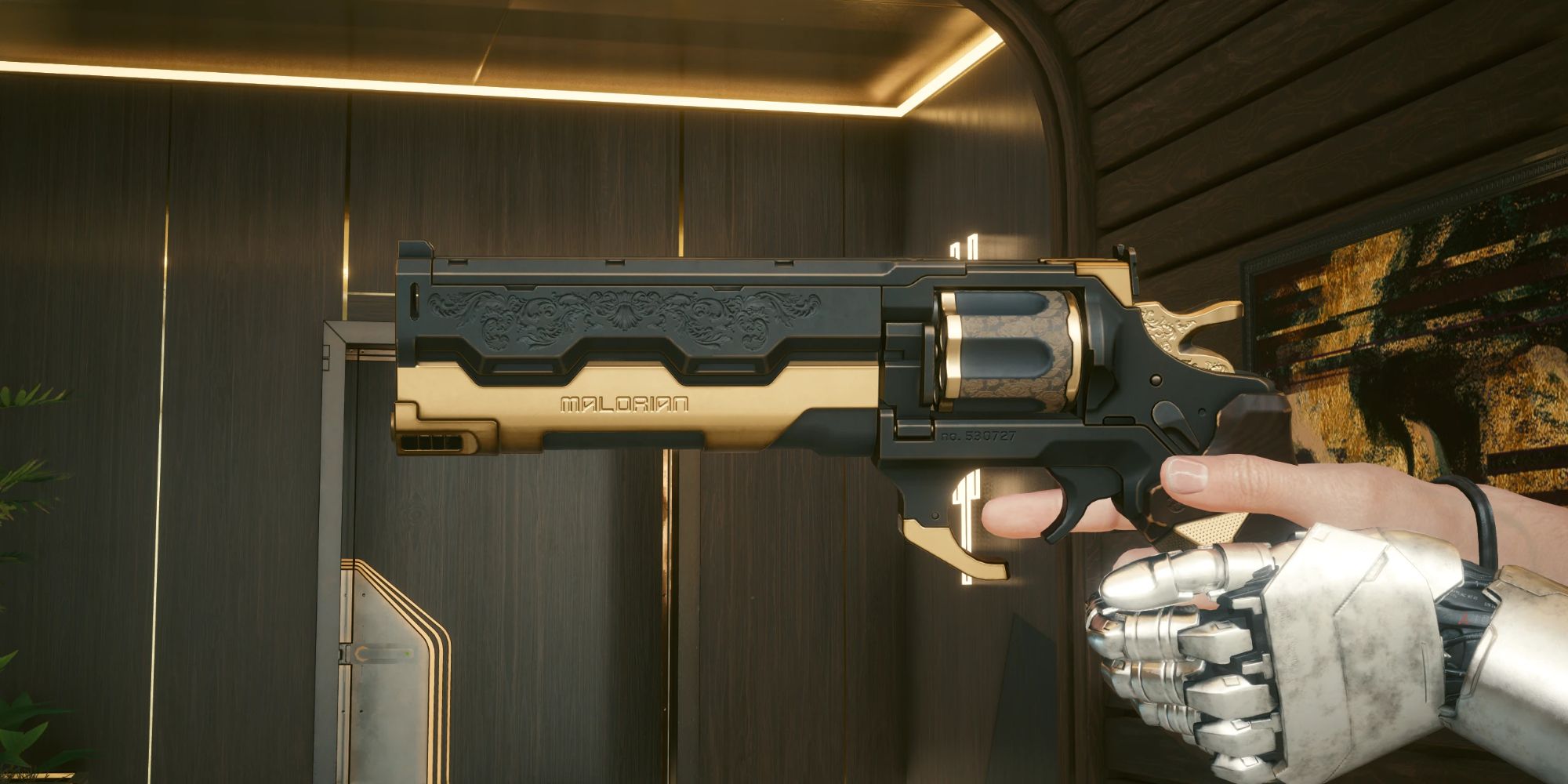 An image from Cyberpunk 2077 of the Malorian Overture Reskin Mod, which updates the graphics of this iconic revolver.