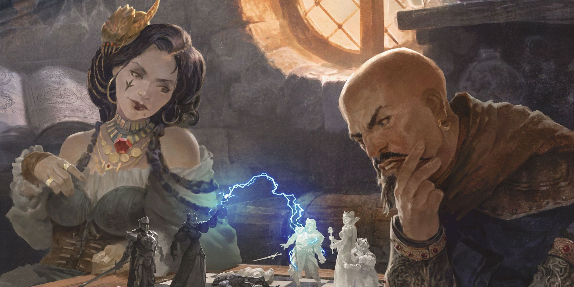 D&D two characters playing a magic chess like game